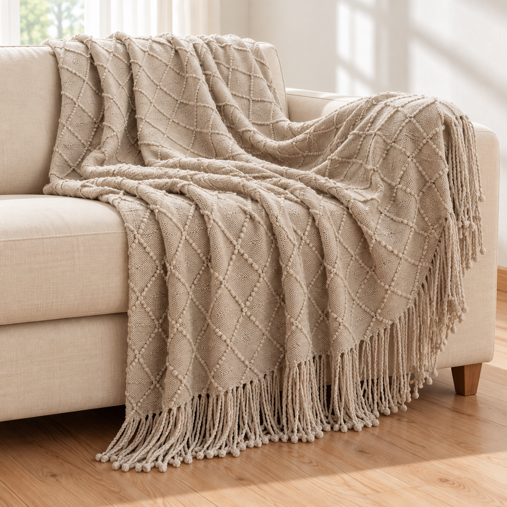 Oatmeal diamond knit throw blanket with tassels