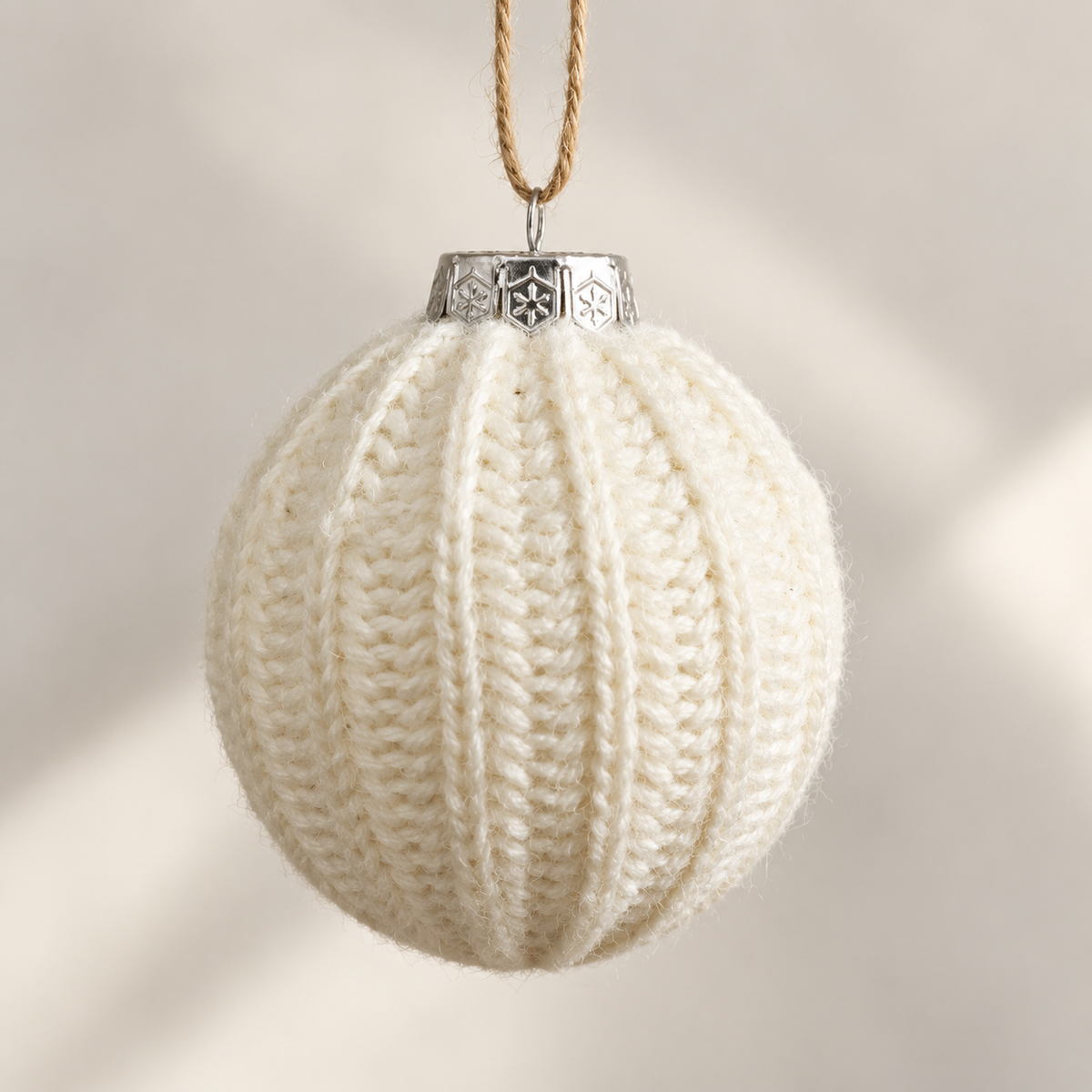 Cream knit Christmas ball ornament with silver snowflake cap and jute hanging loop
