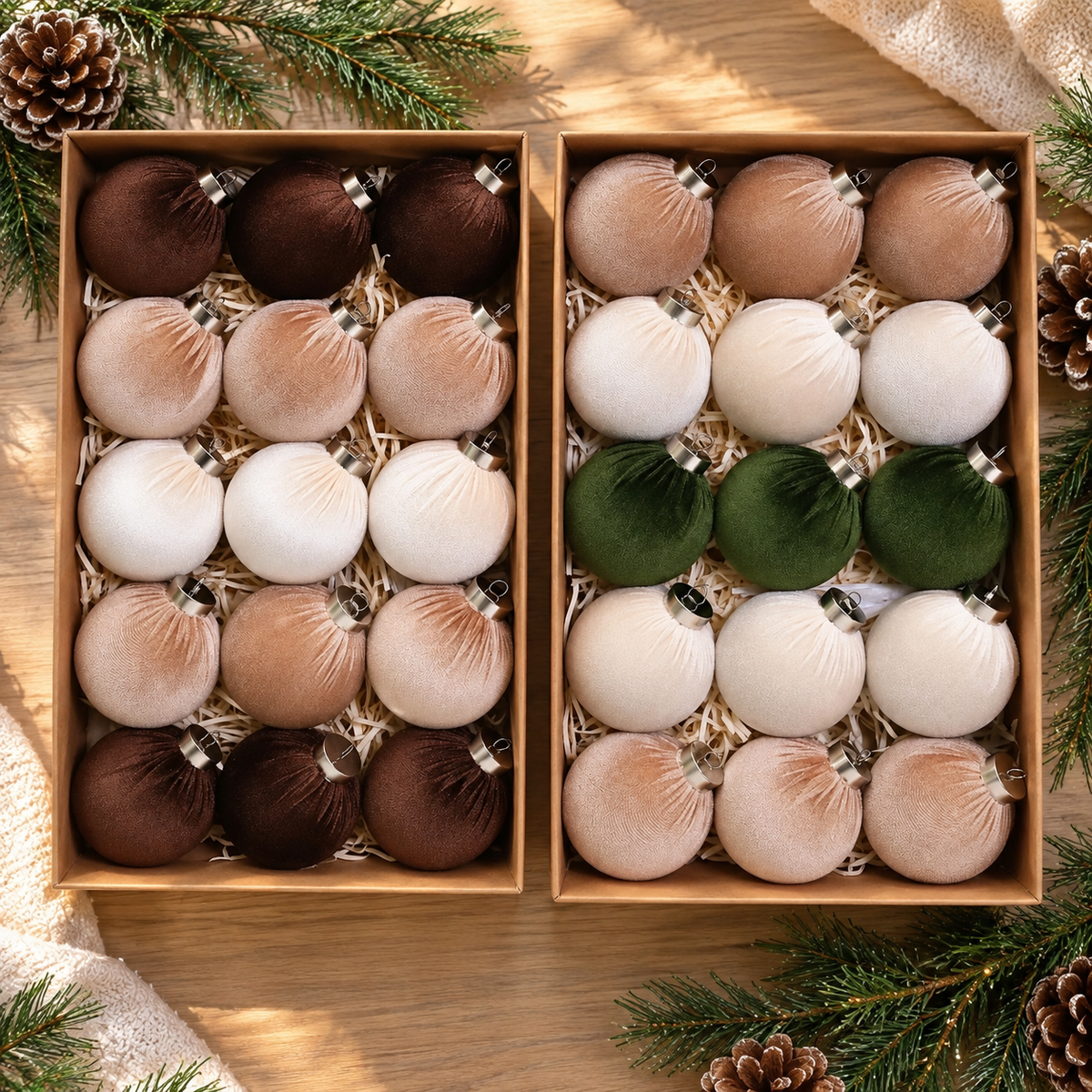 Two 15-piece velvet ornament sets in boxes, Brown and Blush and Green and Blush