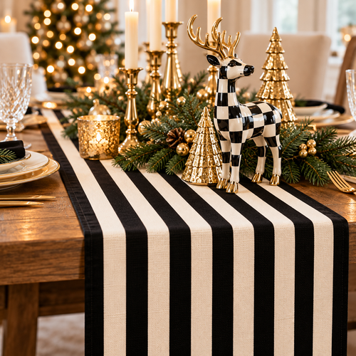Close-up of the black and white stripe table runner with a checkered deer figurine, gold tabletop trees and gold candlesticks