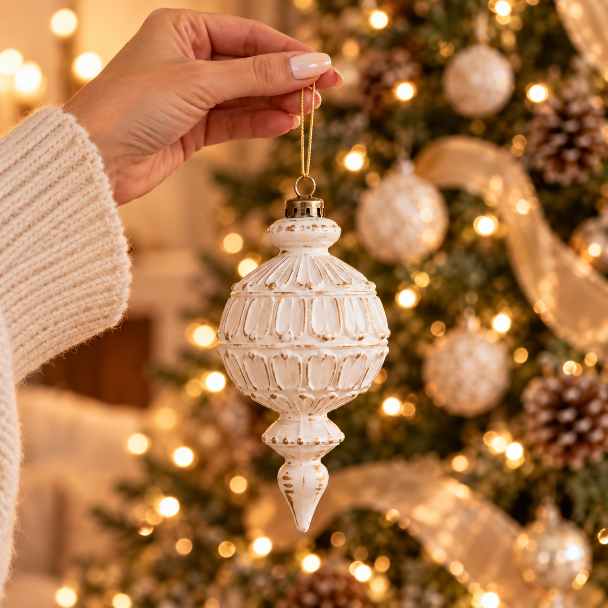 Hand holding a white and gold finial Christmas ornament to show size