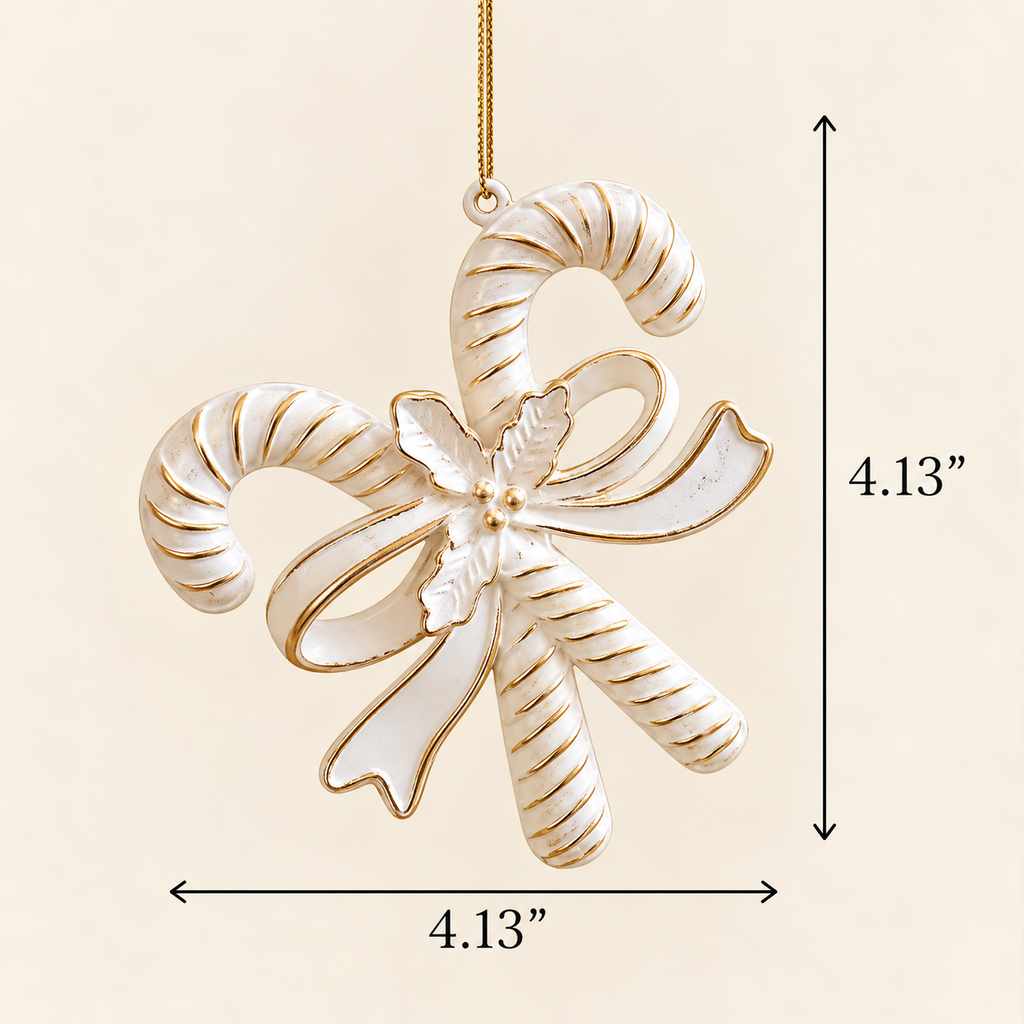 White and gold candy canes with bow Christmas ornament with size measurements