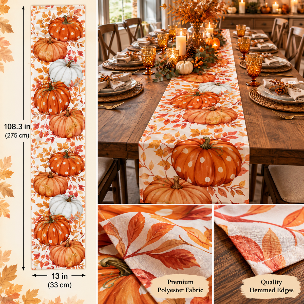 Polka dot pumpkin table runner 13 x 108 inch size for large dining table