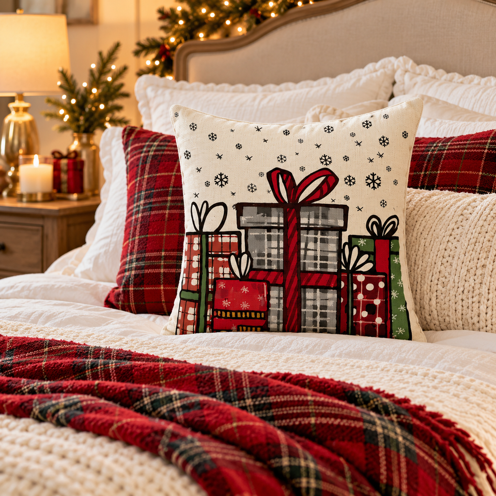 Christmas presents pillow cover on a white bed with red tartan pillows and a red plaid throw blanket