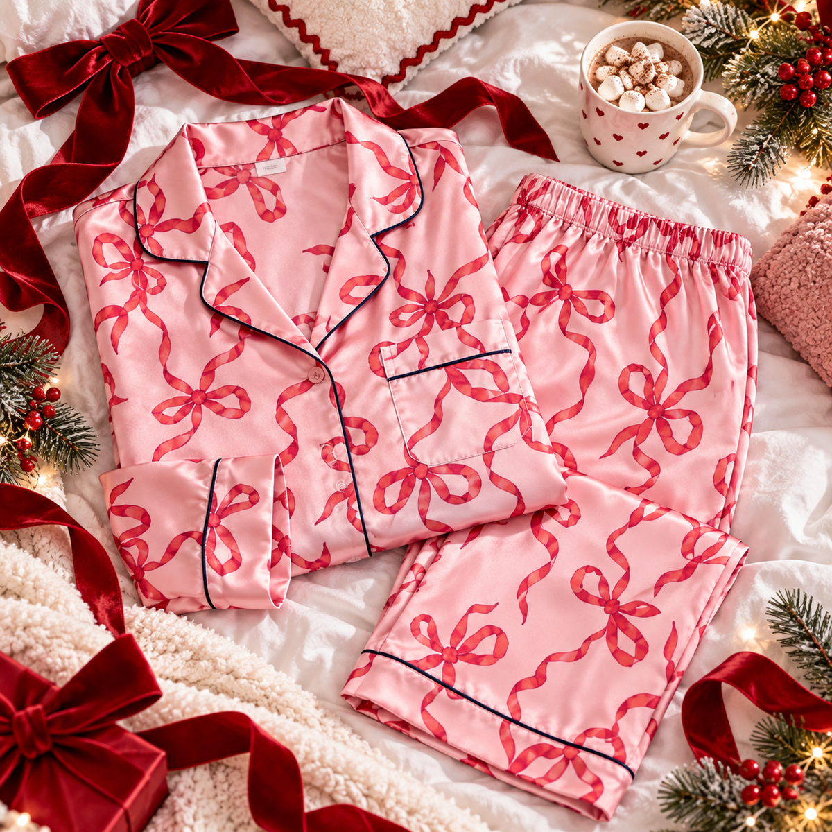 Pink bow print satin pajama top and pants folded flat with red ribbon, pine and cocoa