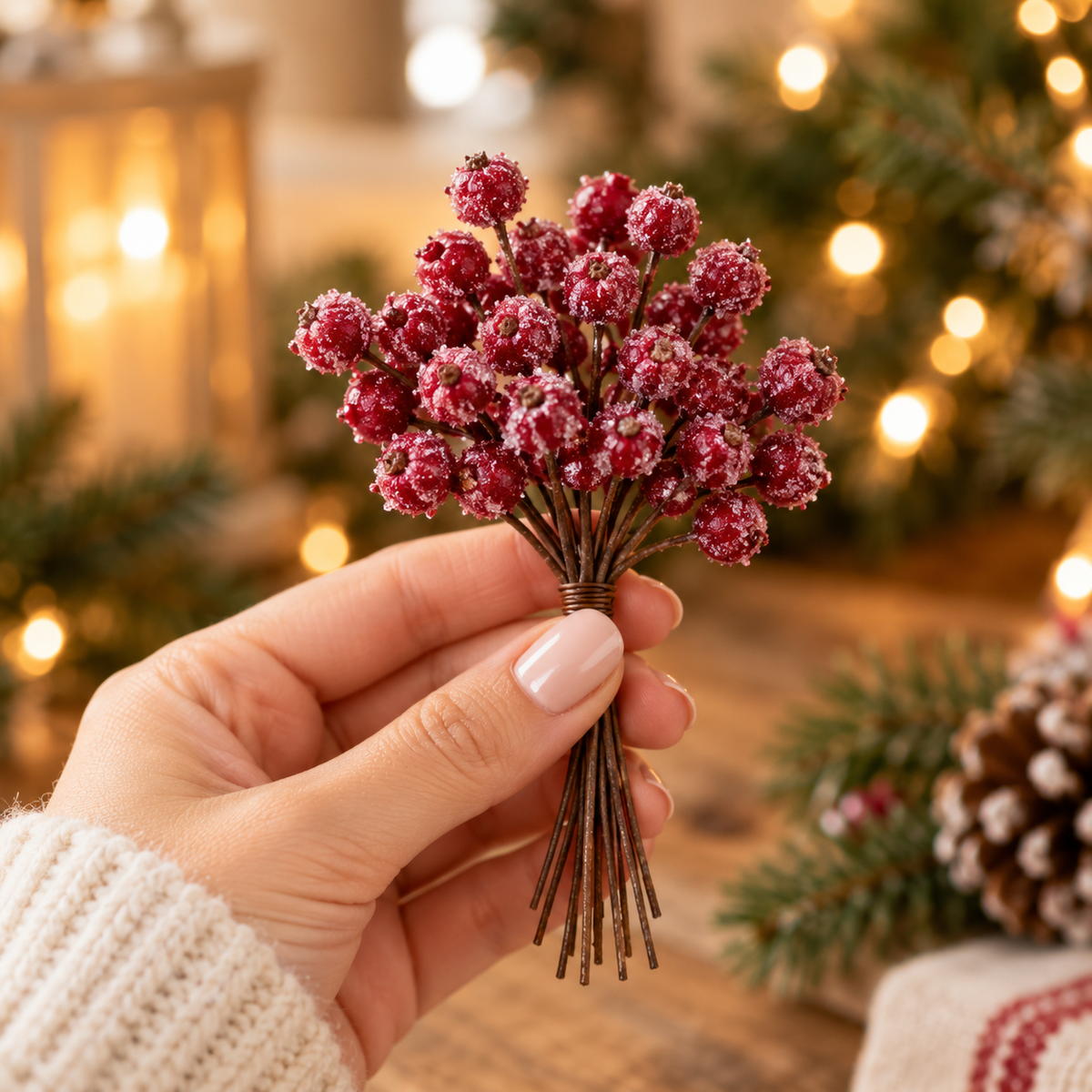 Hand holding a small bundle of frosted wine red berry picks to show size