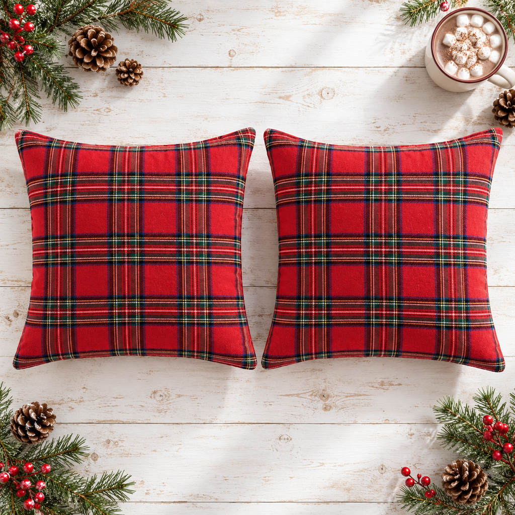Christmas Red tartan throw pillow covers, set of 2, flat lay with pine and pinecones