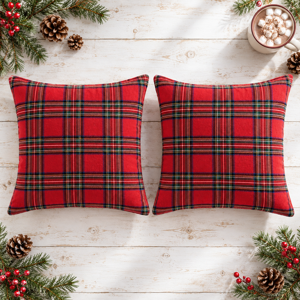 Christmas Red tartan throw pillow covers, set of 2, flat lay with pine and pinecones