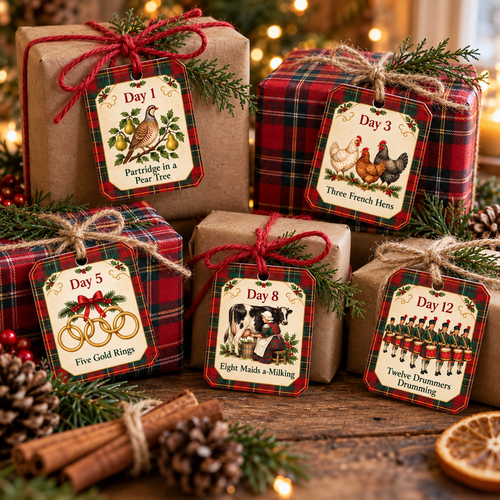 12 Days of Christmas printable gift tags in red tartan tied with twine on kraft paper and plaid wrapped gifts