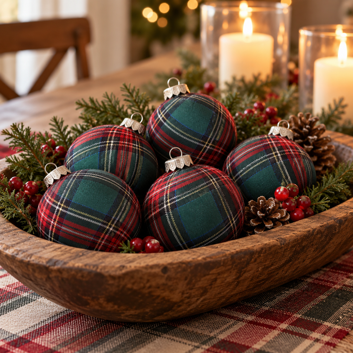 Plaid Christmas ball ornaments in a wooden dough bowl as a holiday table centerpiece