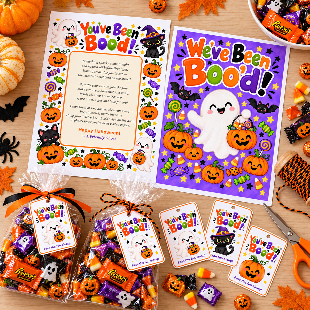 Flat lay of the printable Boo kit: poem note, door sign, cut-out You've Been Boo'd tags and treat bags full of candy