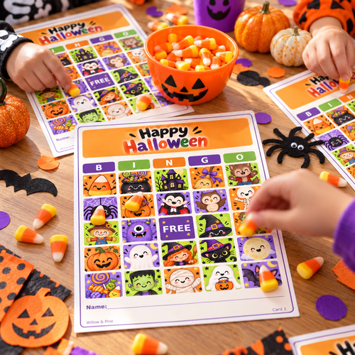 Kids playing printable Halloween picture bingo at a classroom party table, placing candy corn markers on cute character bingo cards