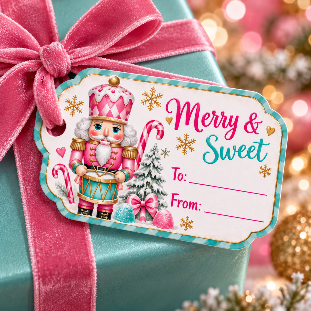 Close-up of Merry and Sweet pink nutcracker printable gift tag tied with pink velvet ribbon on an aqua gift