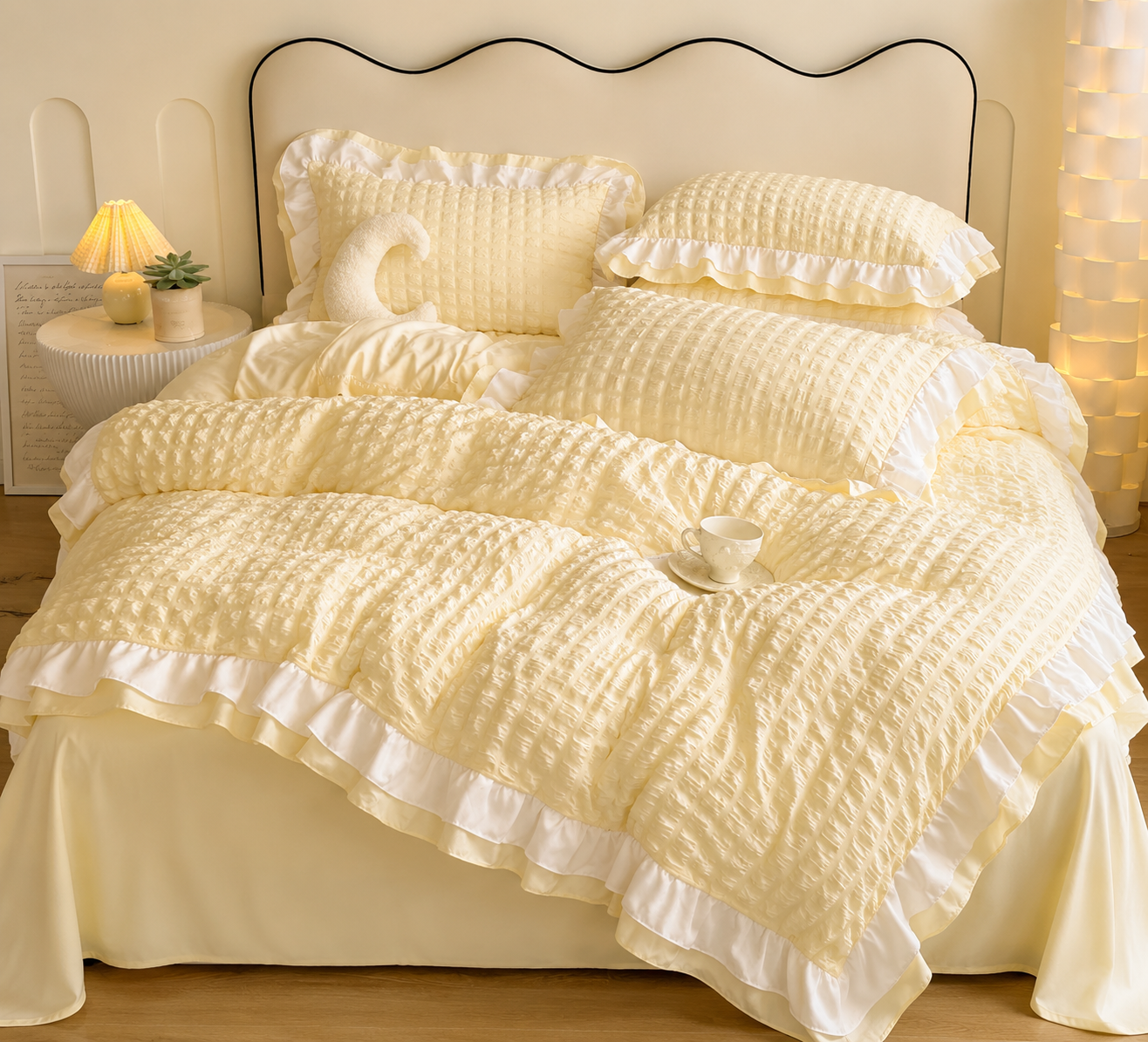 Ruffled Waffle-Textured Bedding Set