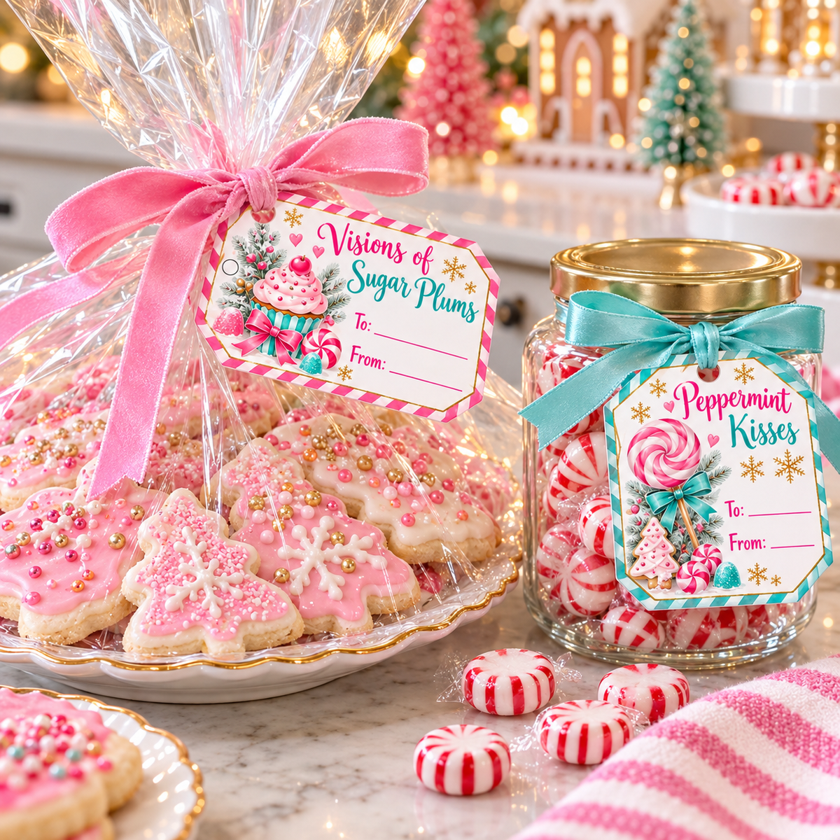 Pink Christmas cookie plate and peppermint jar with sugar plum printable gift tags