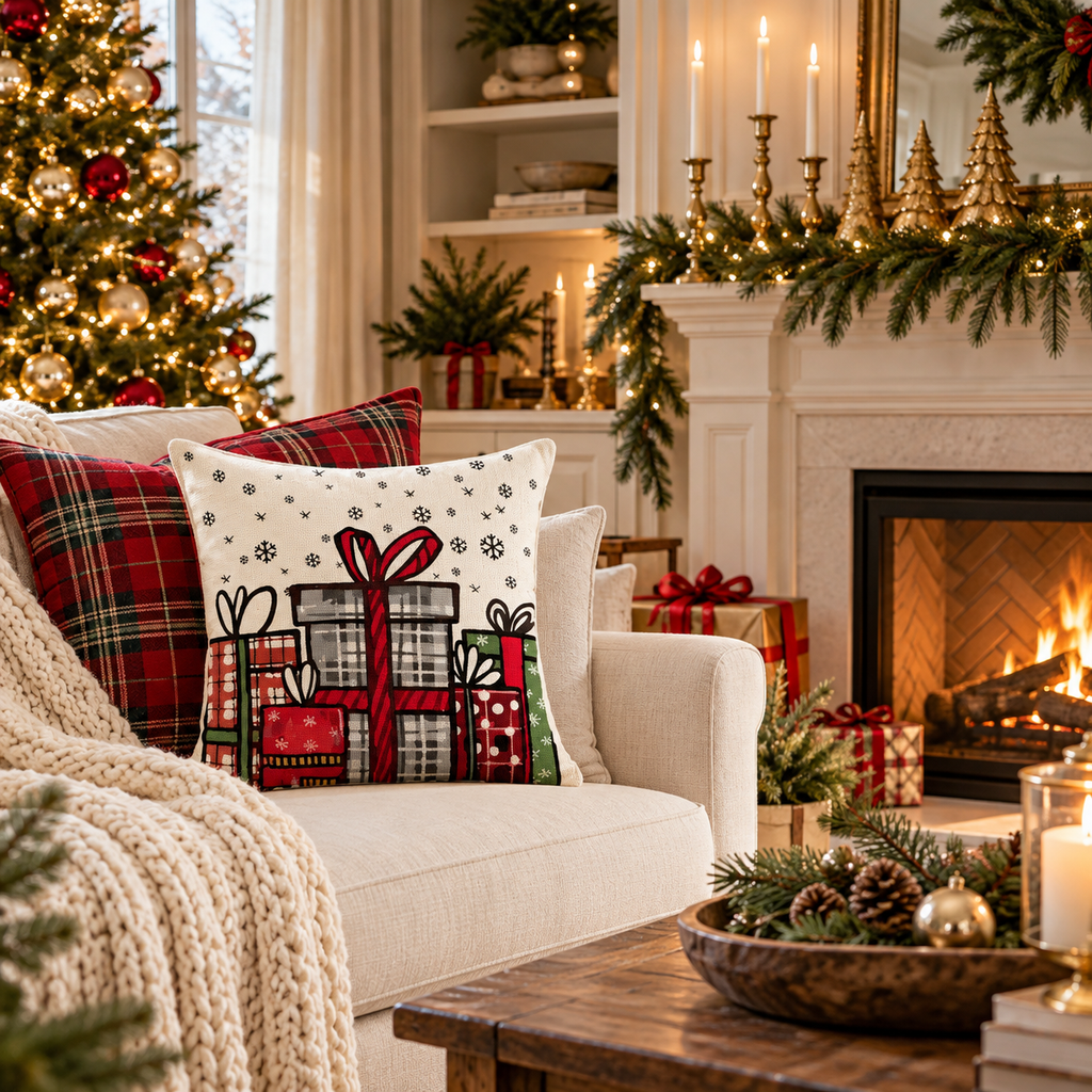 Living room with the Christmas presents pillow cover on a cream armchair beside a fireplace mantel decorated with pine garland and gold candlesticks