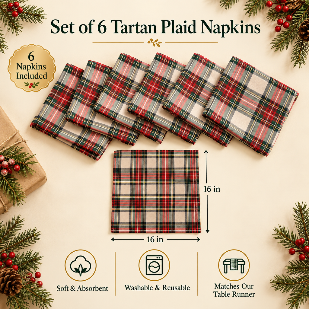 Set of 6 tartan plaid cloth napkins, 16 x 16 inches each, with product details