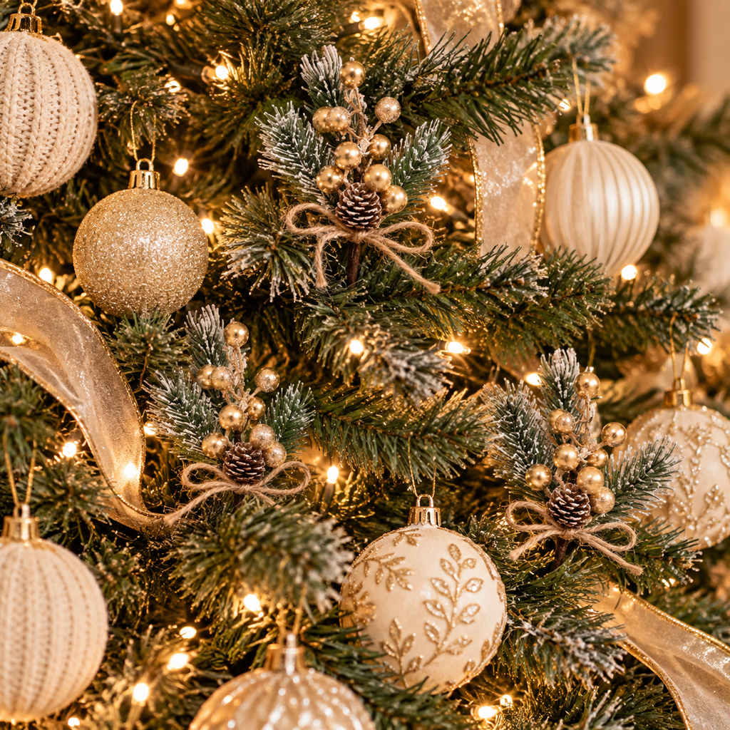 Frosted pine picks with gold berries and pinecones tucked into a lit Christmas tree