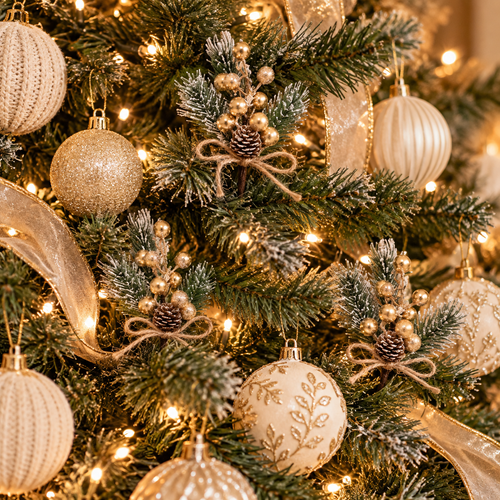 Frosted pine picks with gold berries and pinecones tucked into a lit Christmas tree
