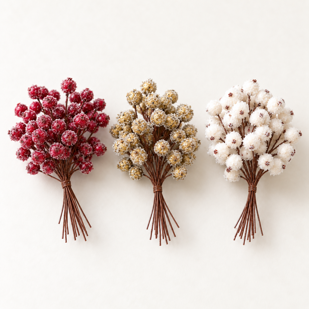 Frosted Christmas berry picks in wine red, gold and white bundles