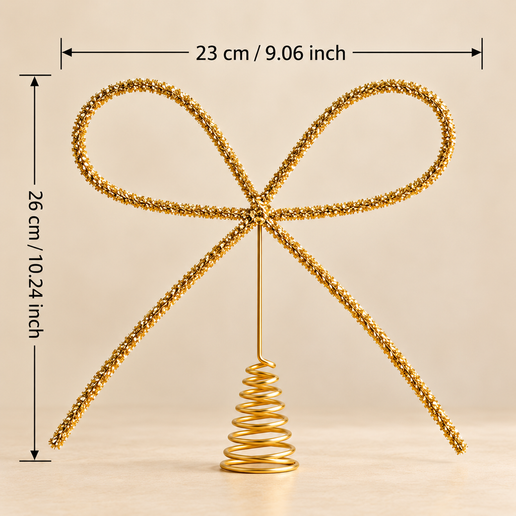 Size chart: gold bow tree topper measures 9.06 inches wide by 10.24 inches tall
