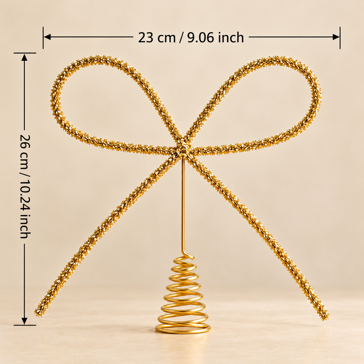 Size chart: gold bow tree topper measures 9.06 inches wide by 10.24 inches tall