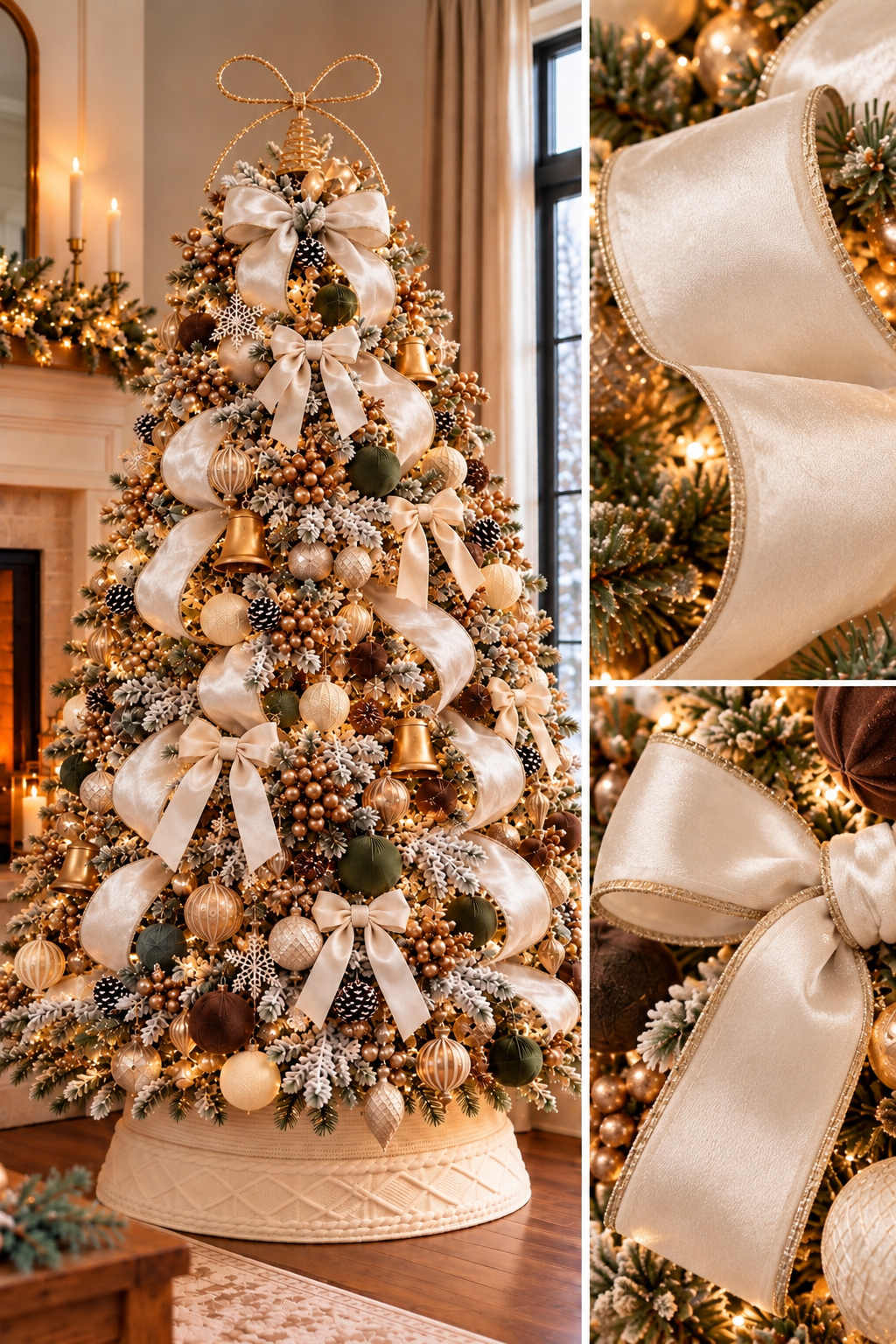 Christmas tree decorated with ivory gold-edge ribbon loops and bows