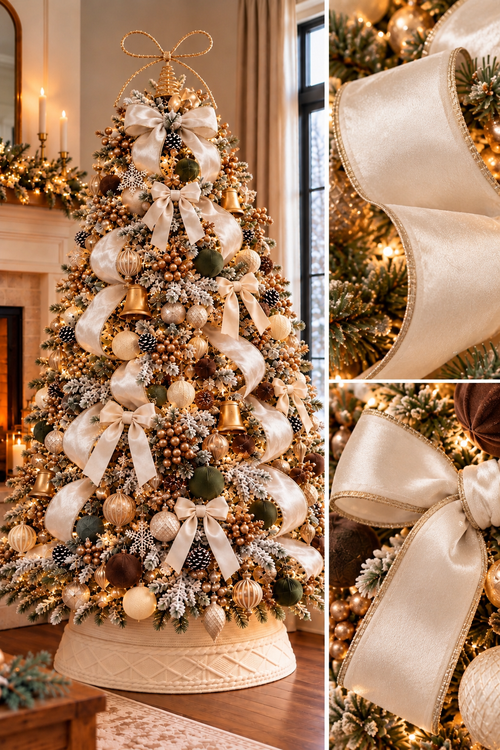 Christmas tree decorated with ivory gold-edge ribbon loops and bows
