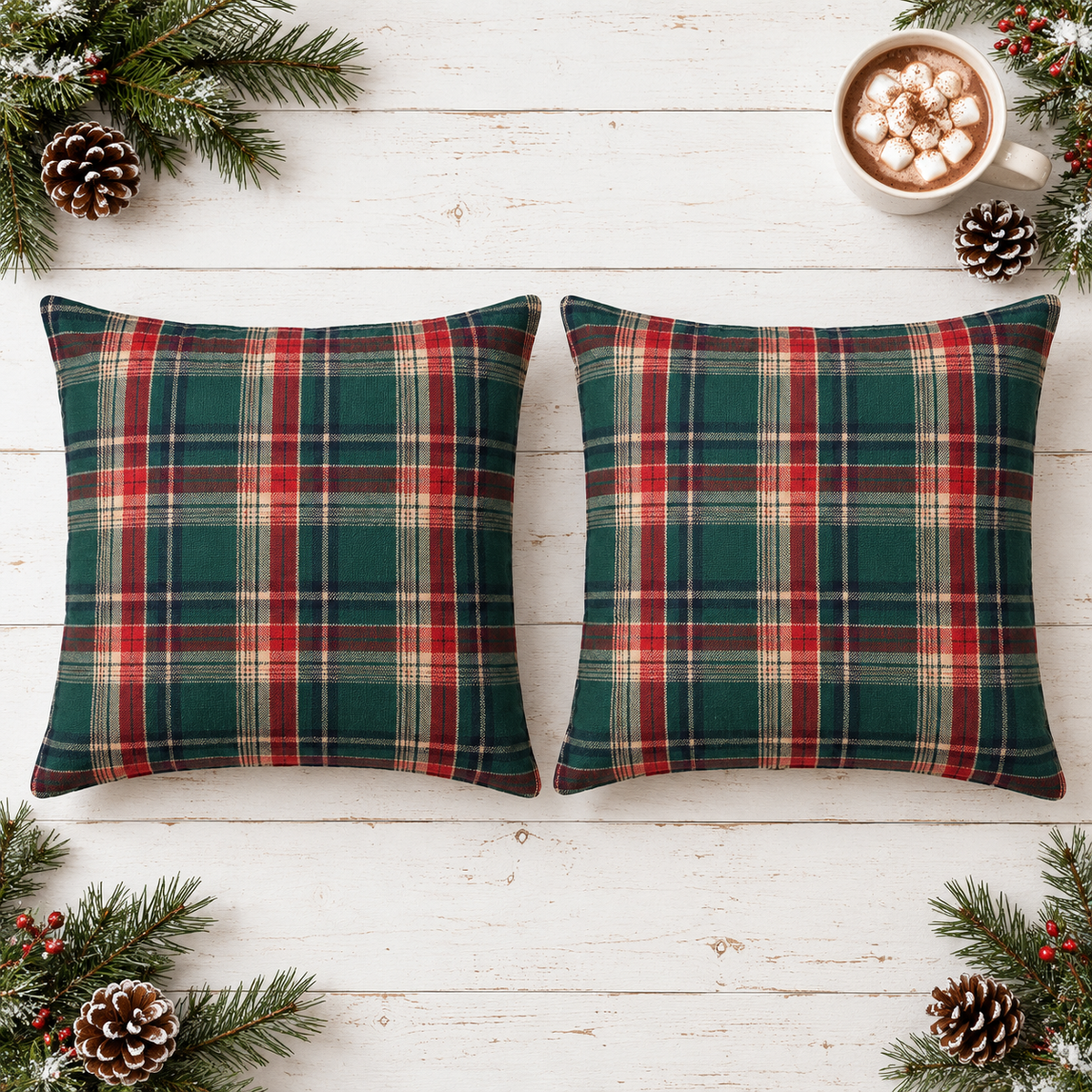 Christmas Green plaid throw pillow covers, set of 2, flat lay with pine and pinecones