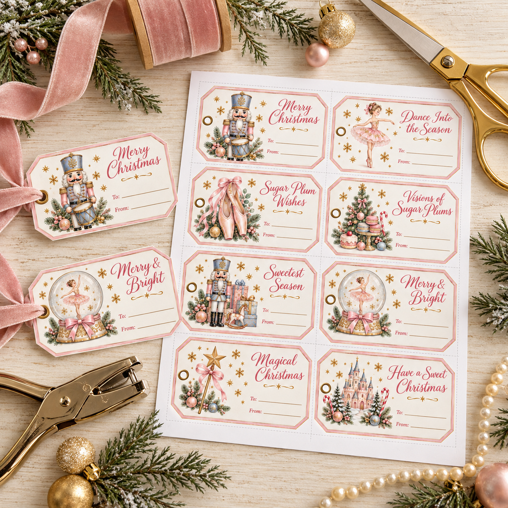 Printed sheet of 8 Nutcracker ballet gift tags on cardstock with gold scissors, hole punch and pink velvet ribbon