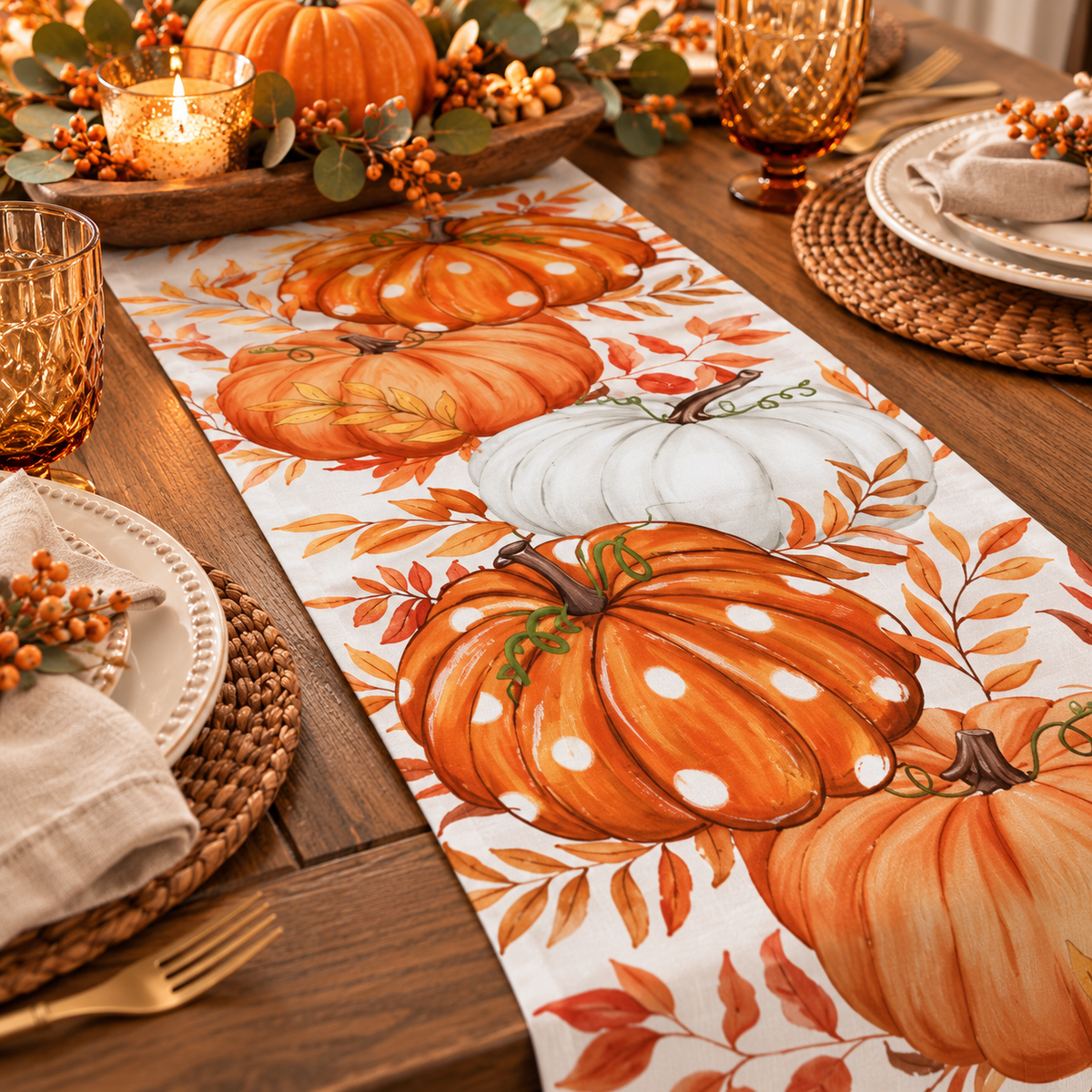 Orange polka dot pumpkin and autumn leaf table runner for fall decor