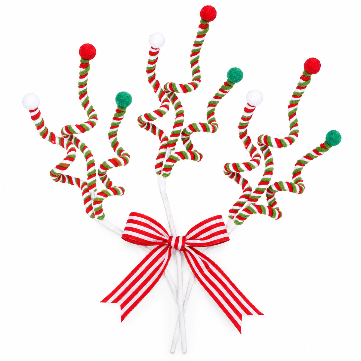 3-pack of twisted red, white and green pom-pom spray Christmas picks tied with striped ribbon