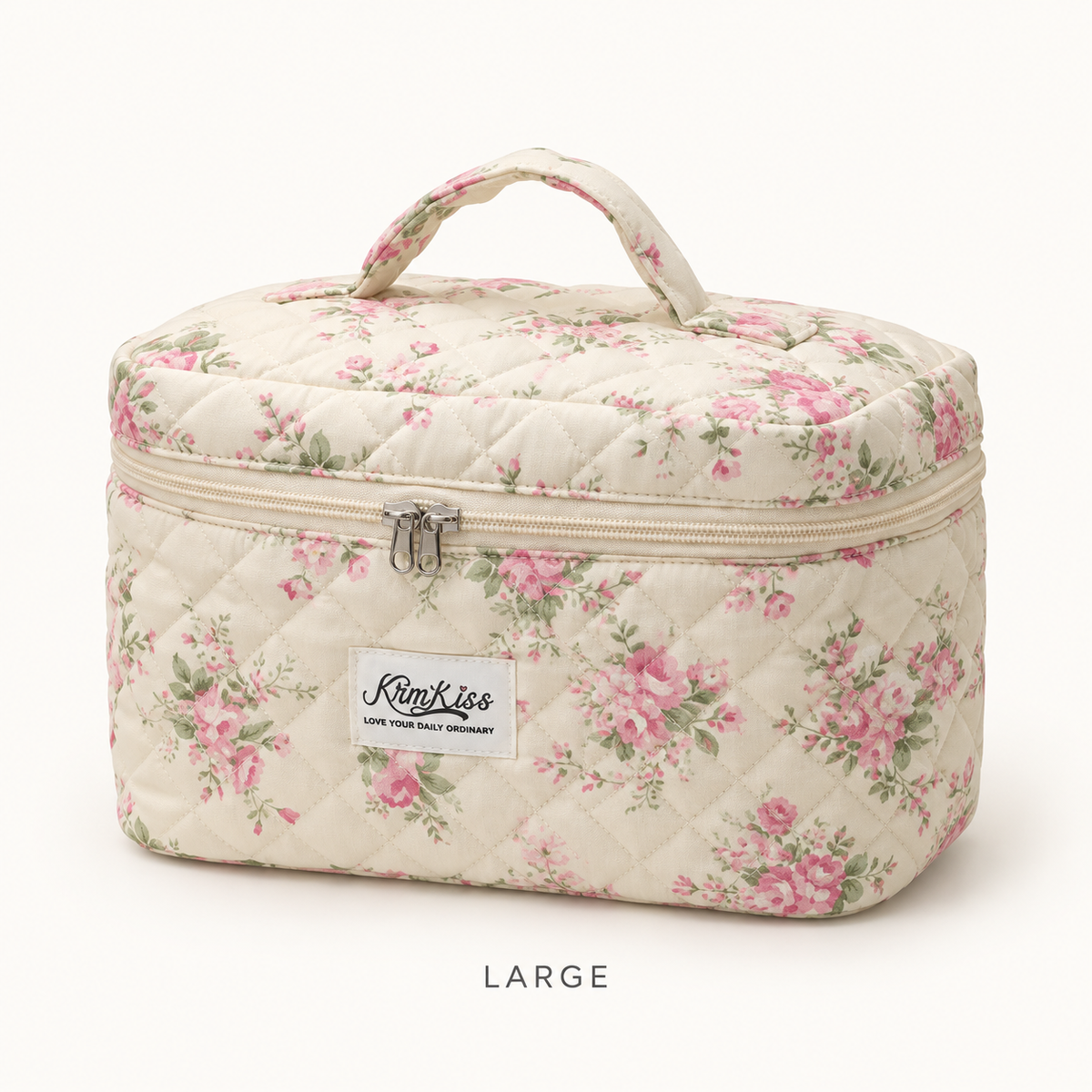 Pink floral quilted cotton makeup bag, Large box-shape case with handle