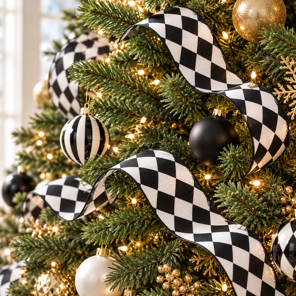 Black and white harlequin ribbon woven through a lit Christmas tree with black, white and gold ornaments