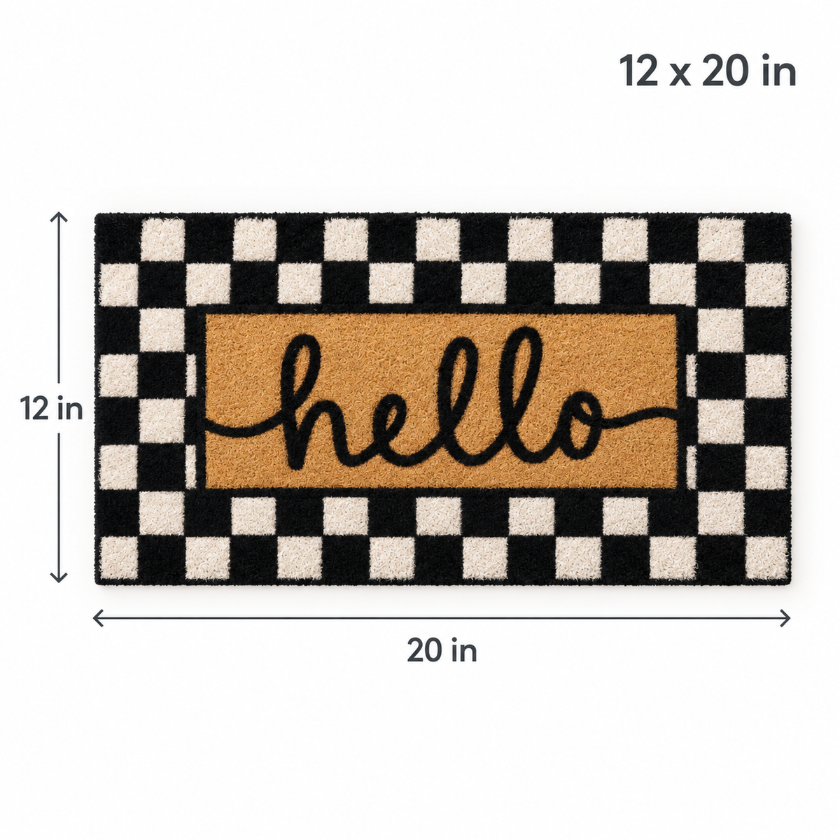Checkered hello doormat size guide, 12 x 20 inches