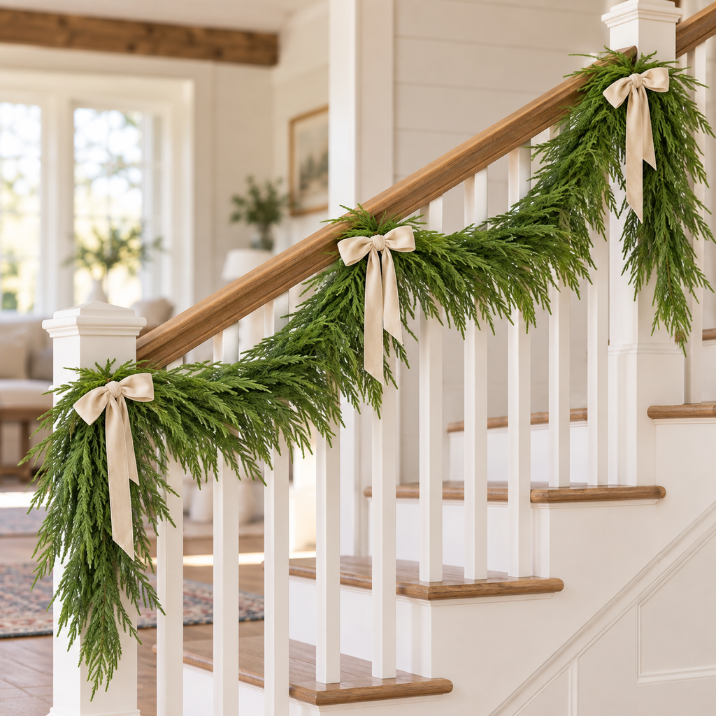 Faux Norfolk pine garland swagged along a white farmhouse staircase railing with cream ribbon bows