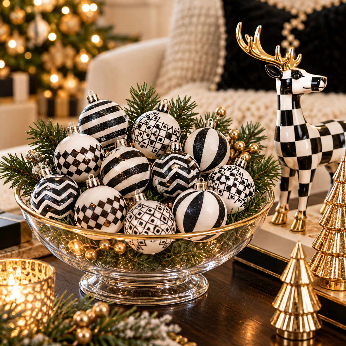 Glass bowl filled with black and white glitter Christmas ornaments beside a checkered deer figurine with gold antlers and gold tabletop trees