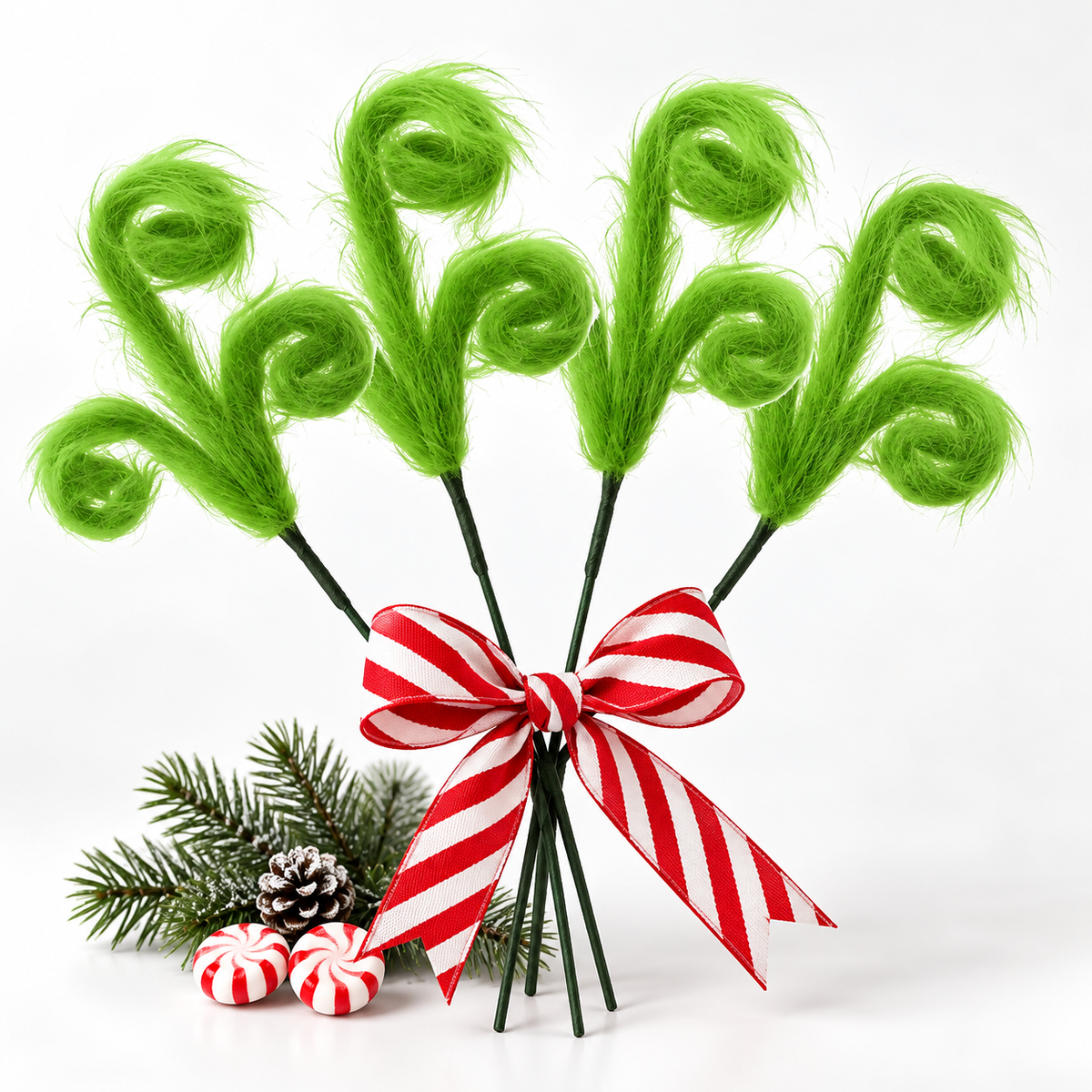 Set of 4 fuzzy lime green curly Christmas picks tied with red and white striped ribbon