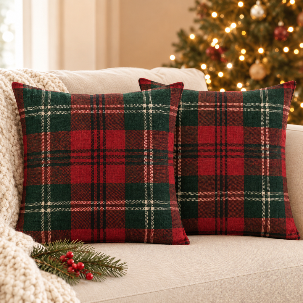 Deep Red & Green Tartan Christmas pillow covers, set of 2, on a cream sofa