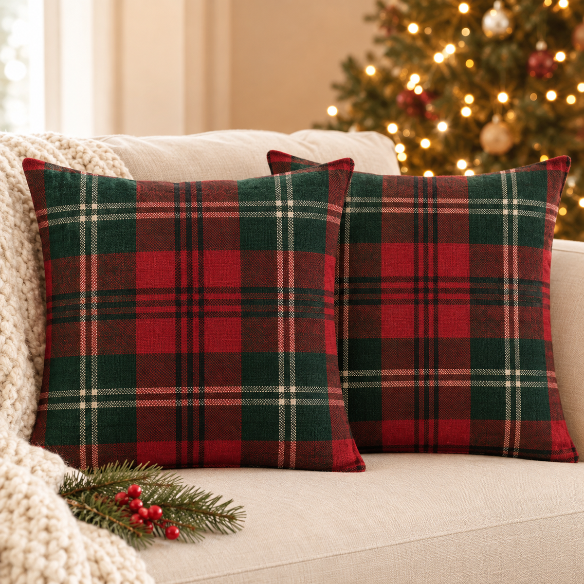 Deep Red & Green Tartan Christmas pillow covers, set of 2, on a cream sofa
