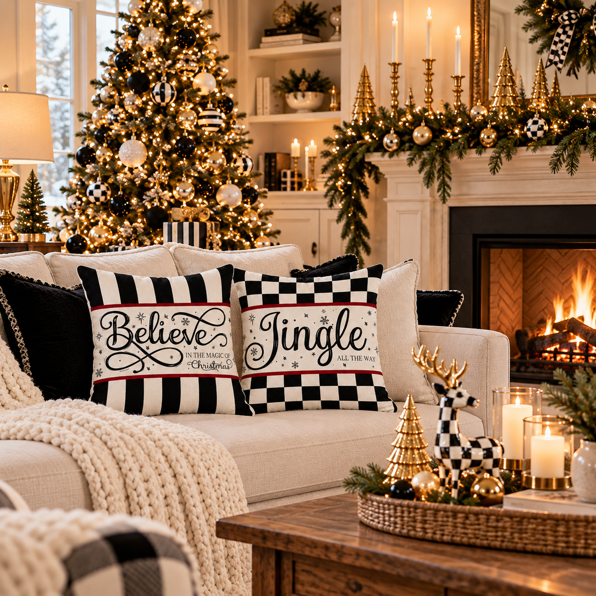 Living room with Believe and Jingle black and white Christmas pillow covers on a cream sofa beside a fireplace mantel with pine garland