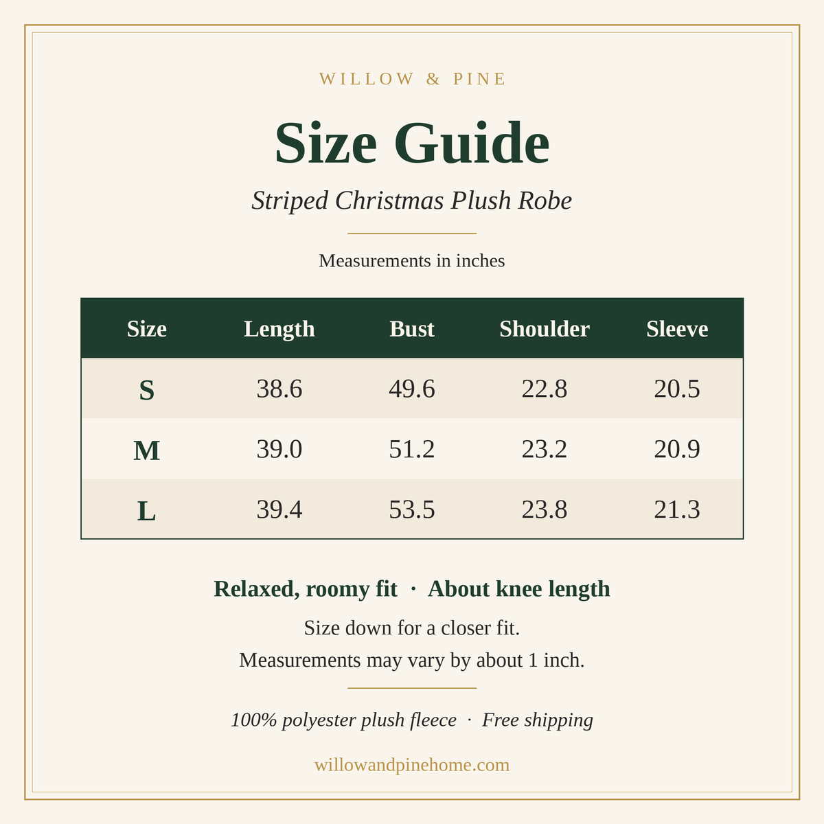 Size guide for the striped Christmas plush robe in sizes S, M and L, measurements in inches