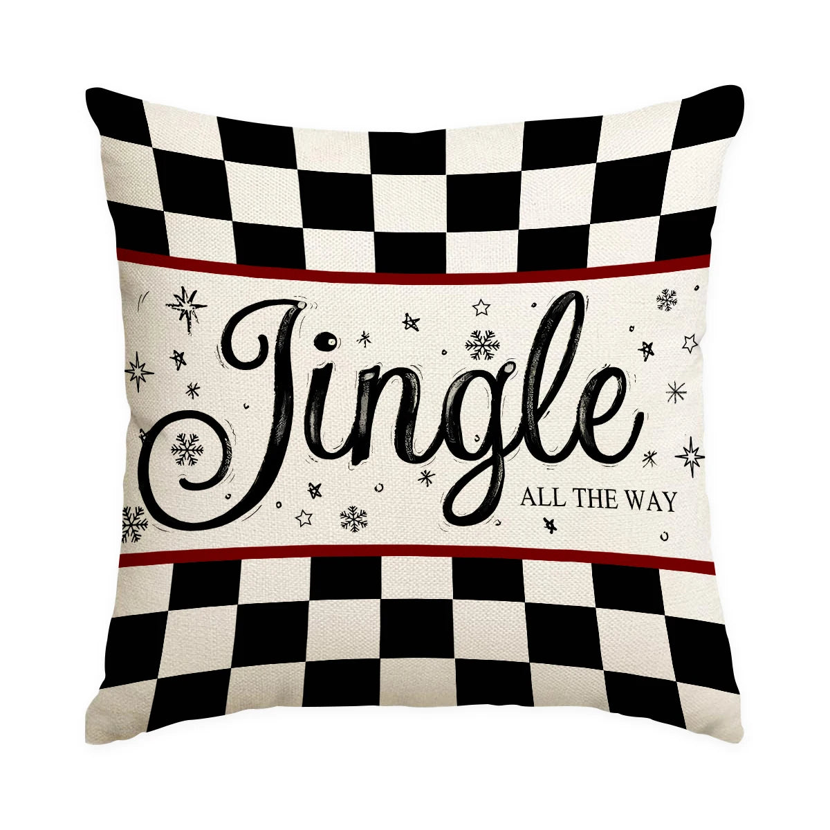 18 x 18 inch Jingle All the Way pillow cover with a black and white checkered border and a cream script center band