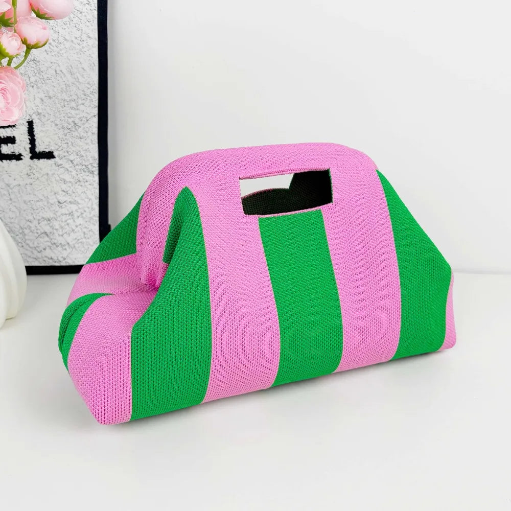 Pink and green striped knit cloud handbag