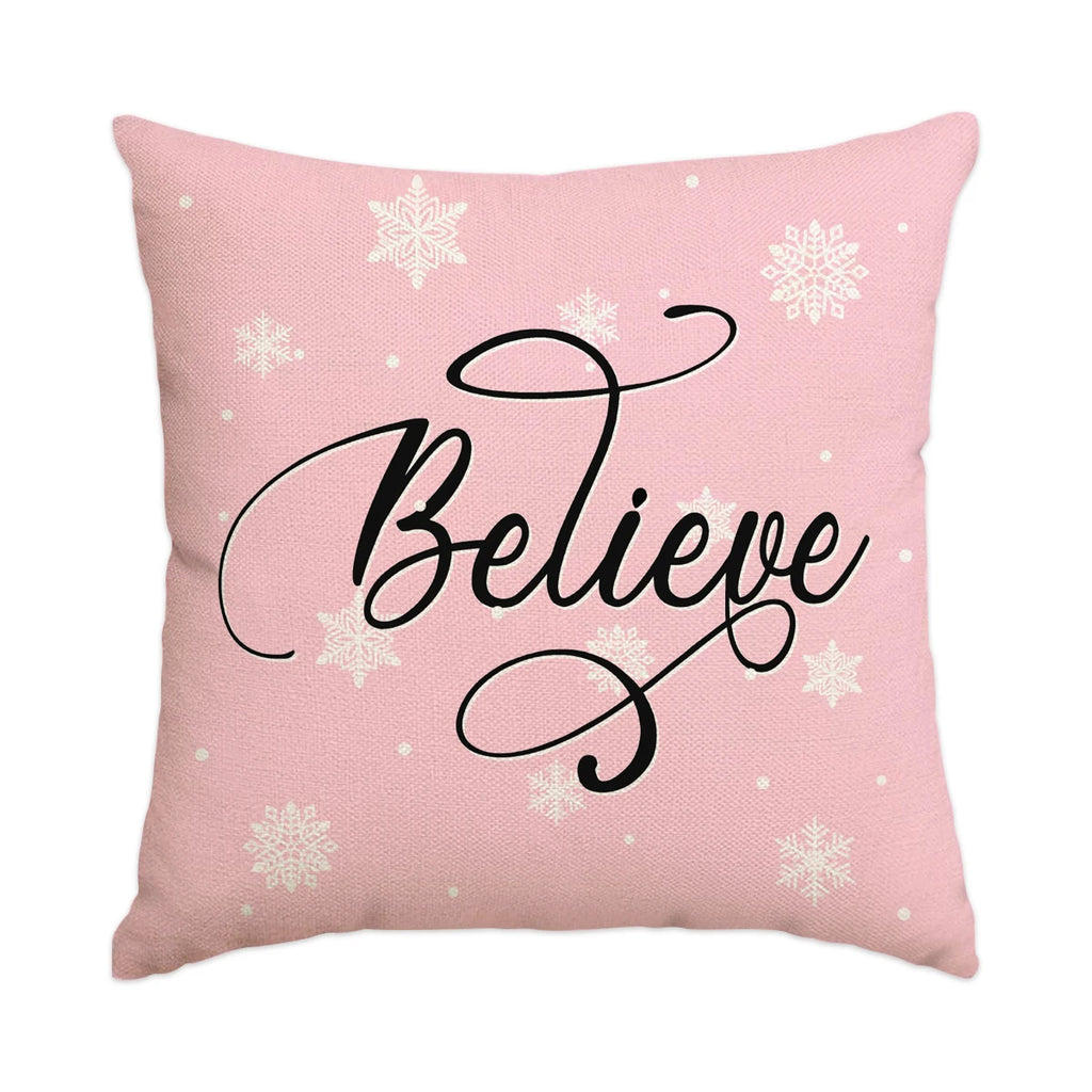 Believe pink Christmas pillow cover with snowflakes, 18x18 in