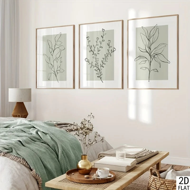 Nordic Botanical Line Art Trio — Neutral Sage Wall Prints