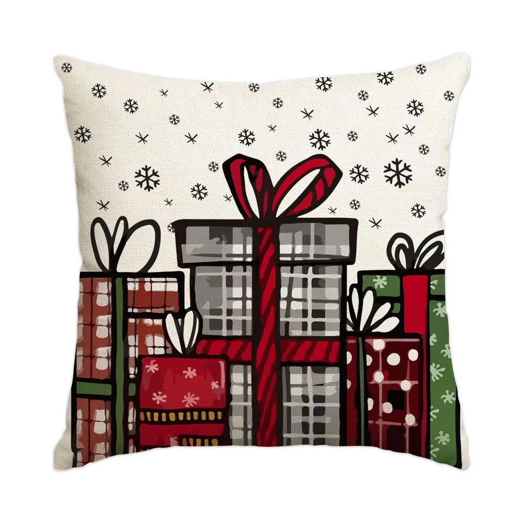 18 x 18 inch Christmas presents pillow cover, cream with falling snowflakes and a stack of red, black and green plaid gifts with red bows