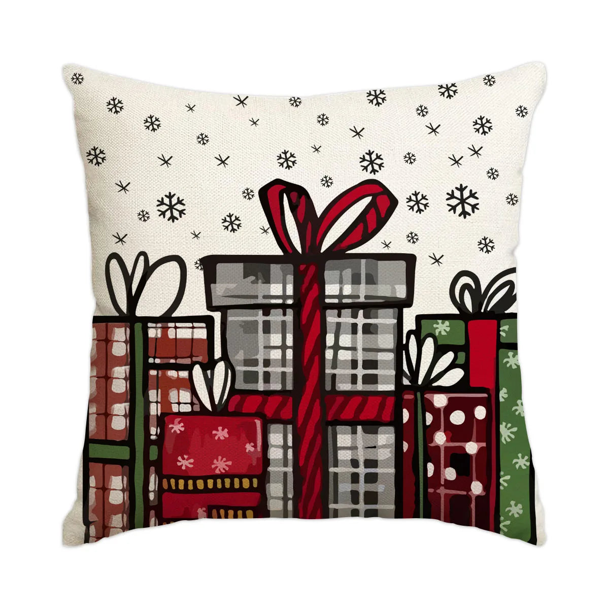 18 x 18 inch Christmas presents pillow cover, cream with falling snowflakes and a stack of red, black and green plaid gifts with red bows