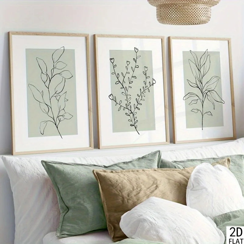 Nordic Botanical Line Art Trio — Neutral Sage Wall Prints