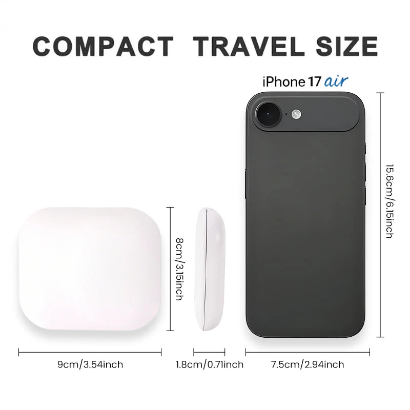 Compact travel size LED mirror shown next to a phone for size comparison, 3.5 x 3.1 inches